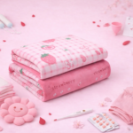 Çəhrayı rəng, çiyələk detallı, çizgili ədyal